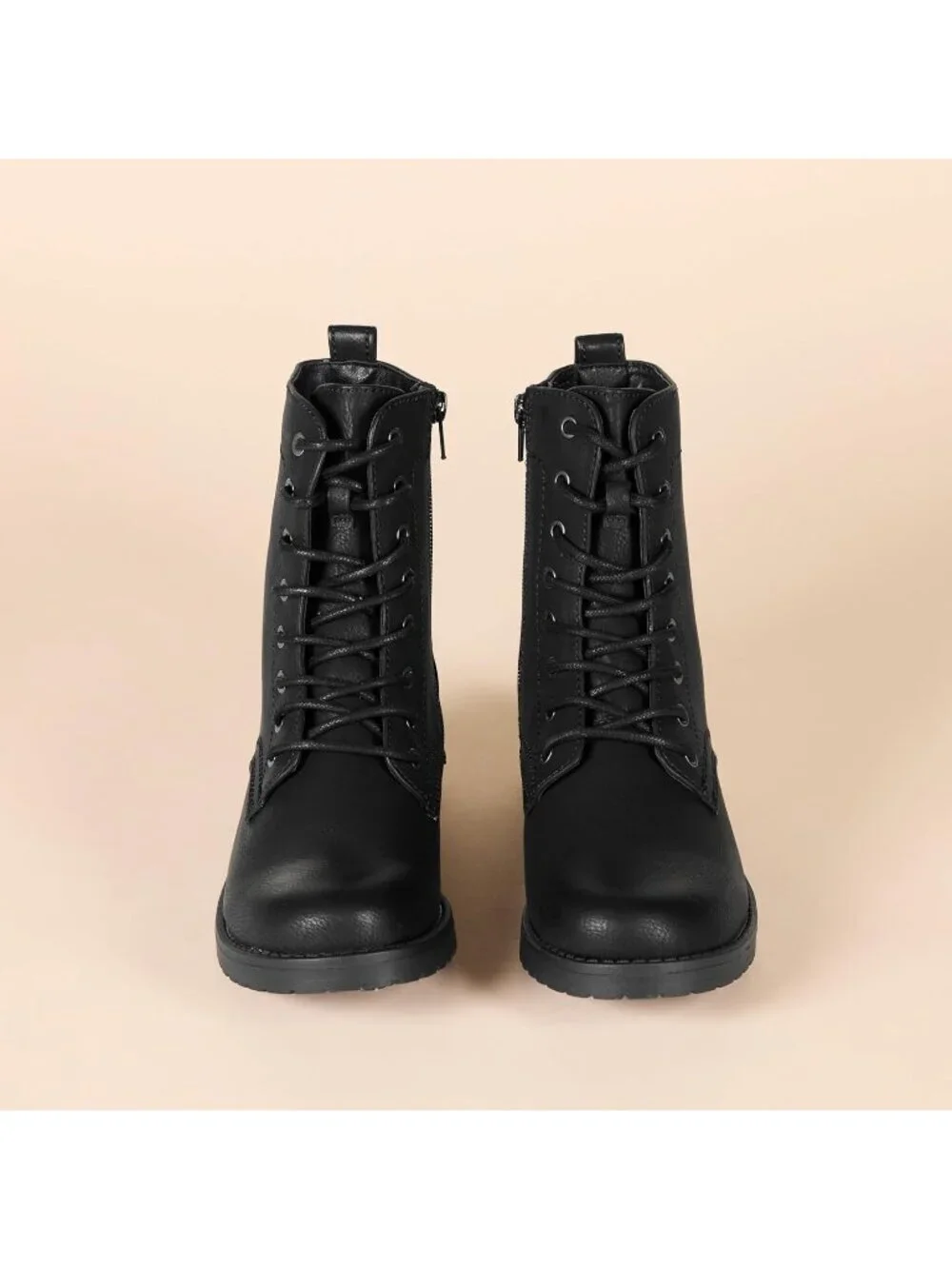 Women's Black Thermoplastic Lace Up Platform Side Zipper Lug Sole Ankle Booties